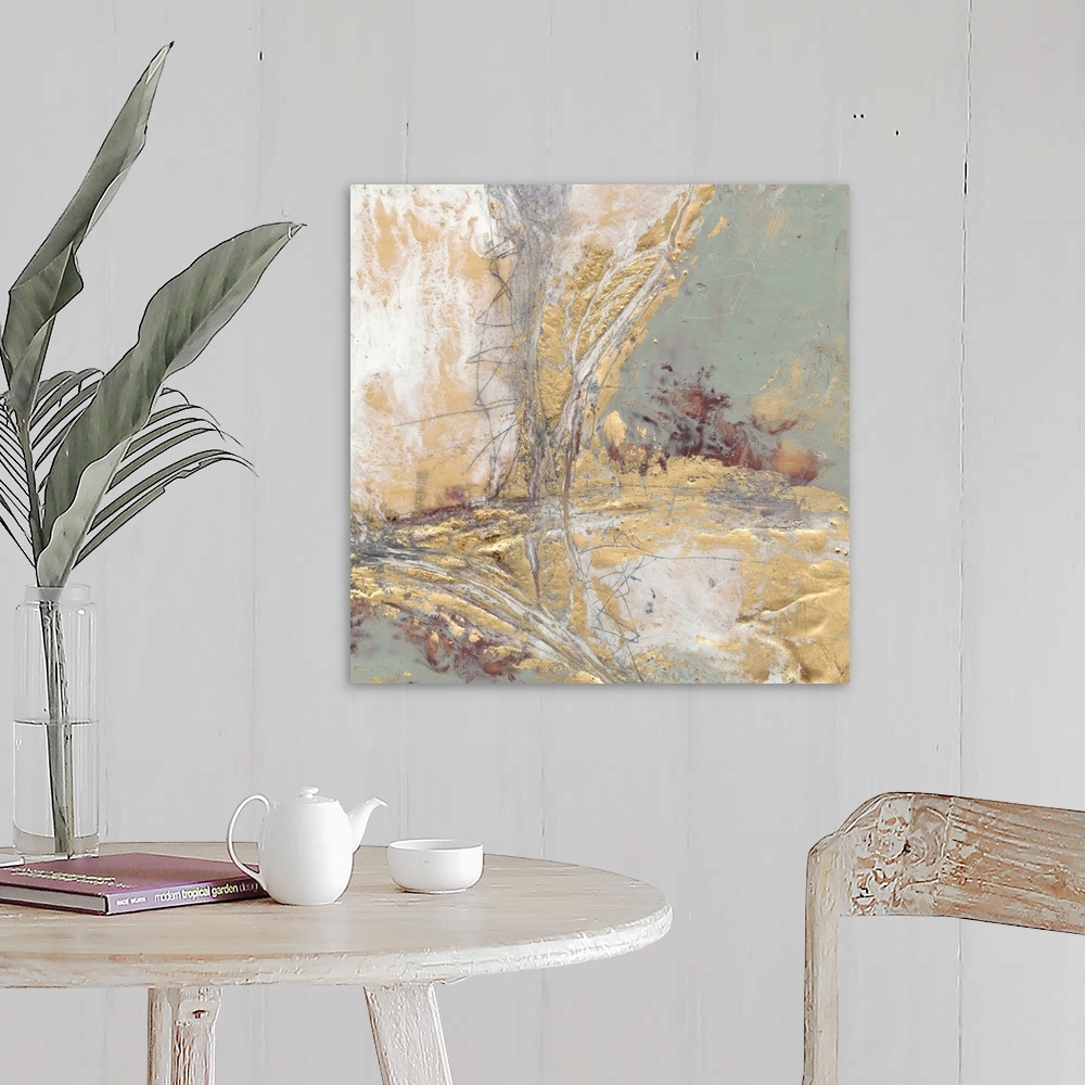 A farmhouse room featuring Contemporary abstract painting with gold and grey.