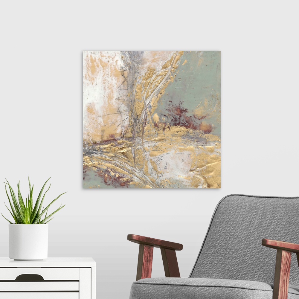 A modern room featuring Contemporary abstract painting with gold and grey.