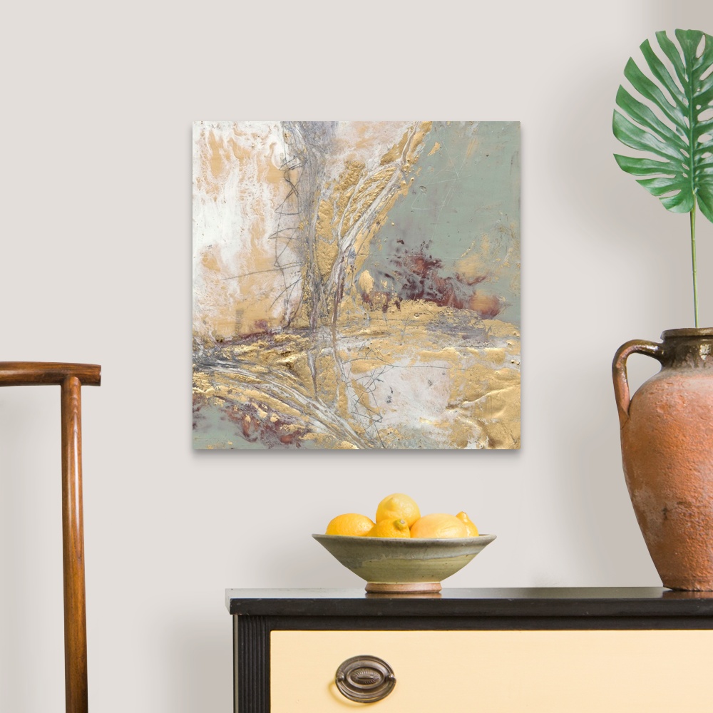 A traditional room featuring Contemporary abstract painting with gold and grey.
