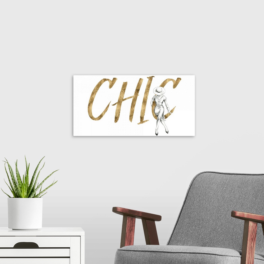 A modern room featuring A pencil drawing of a fashionista accentuates gold colored letters that spells out: Chic, on a wh...