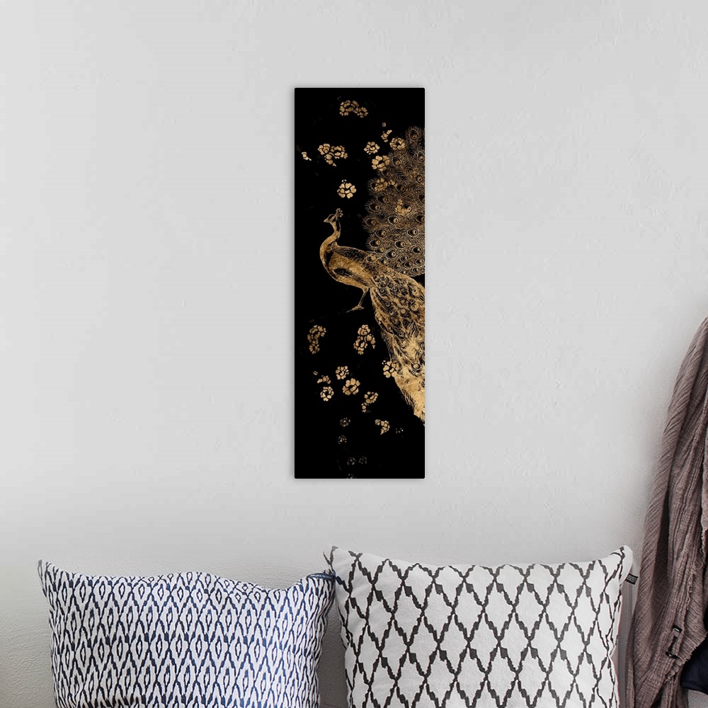 A bohemian room featuring Gilded Peacock Triptych I