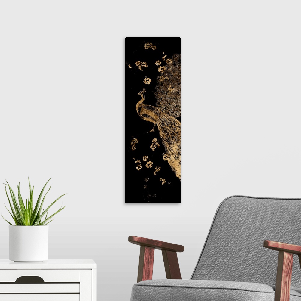 A modern room featuring Gilded Peacock Triptych I