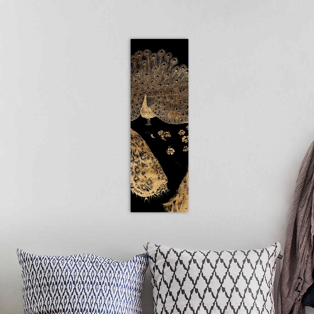 A bohemian room featuring Gilded Peacock Triptych II