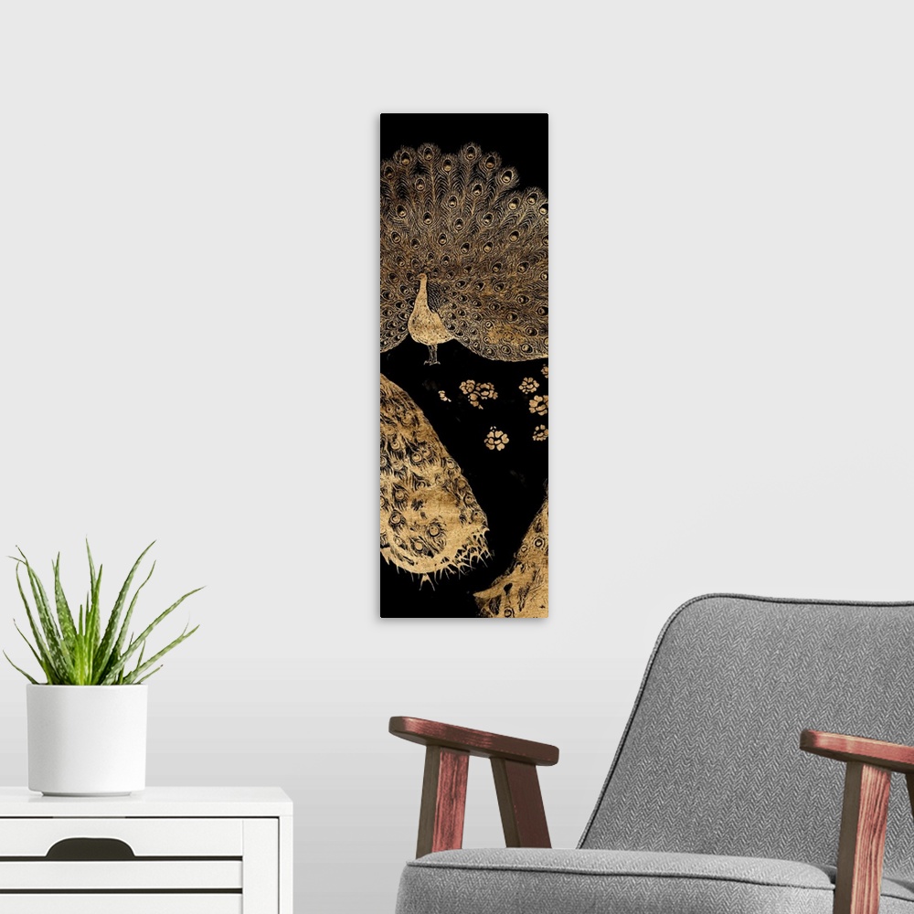 A modern room featuring Gilded Peacock Triptych II