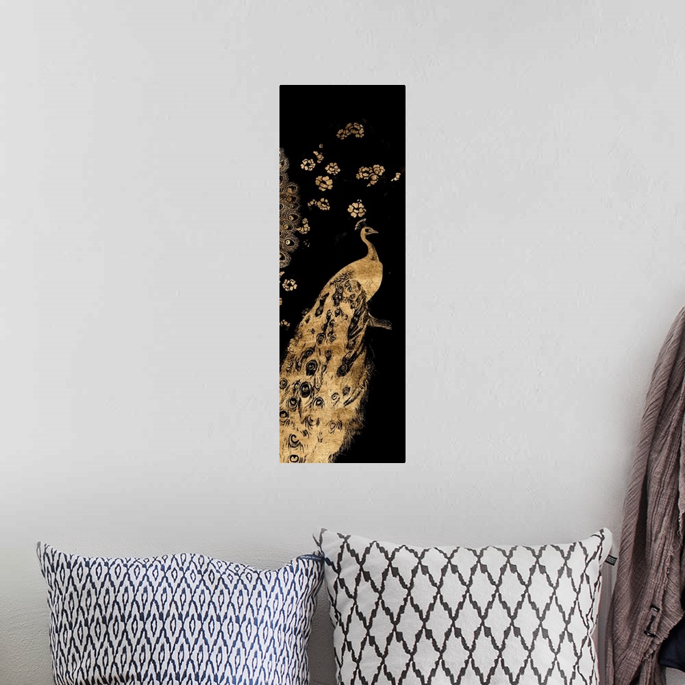 A bohemian room featuring Gilded Peacock Triptych III