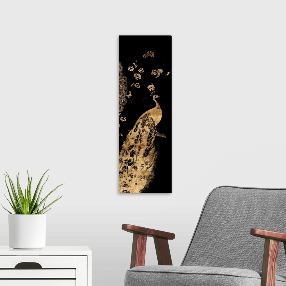 A modern room featuring Gilded Peacock Triptych III