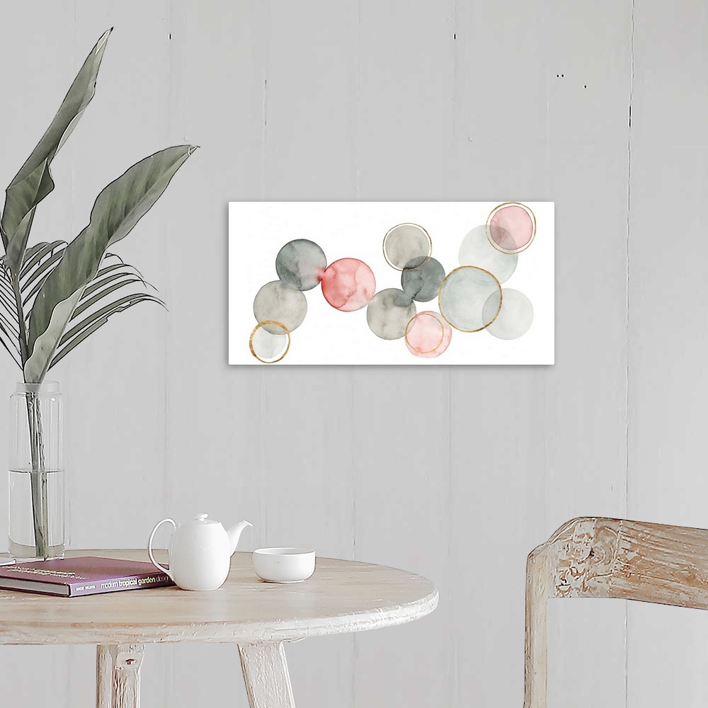 A farmhouse room featuring Contemporary abstract painting with watercolored circles connecting together in shades of gray an...