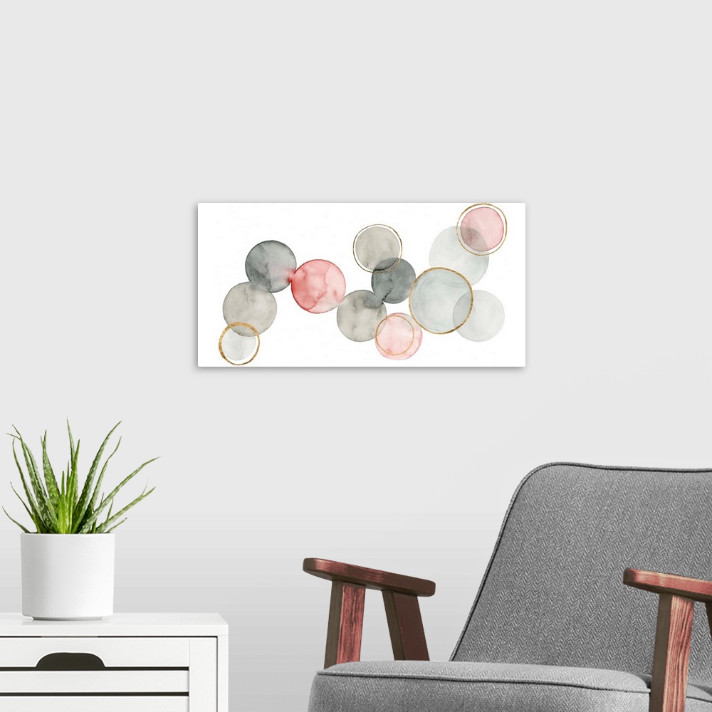 A modern room featuring Contemporary abstract painting with watercolored circles connecting together in shades of gray an...