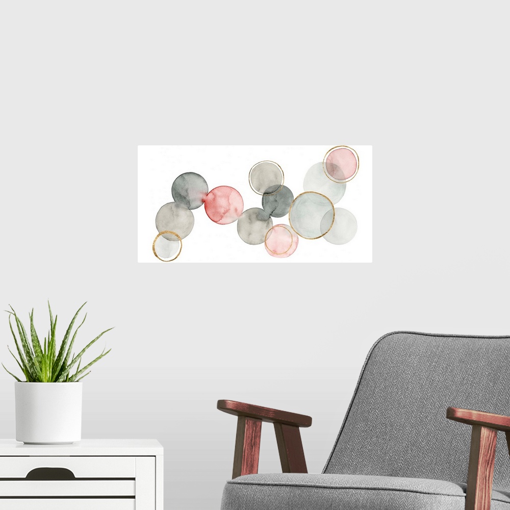 A modern room featuring Contemporary abstract painting with watercolored circles connecting together in shades of gray an...
