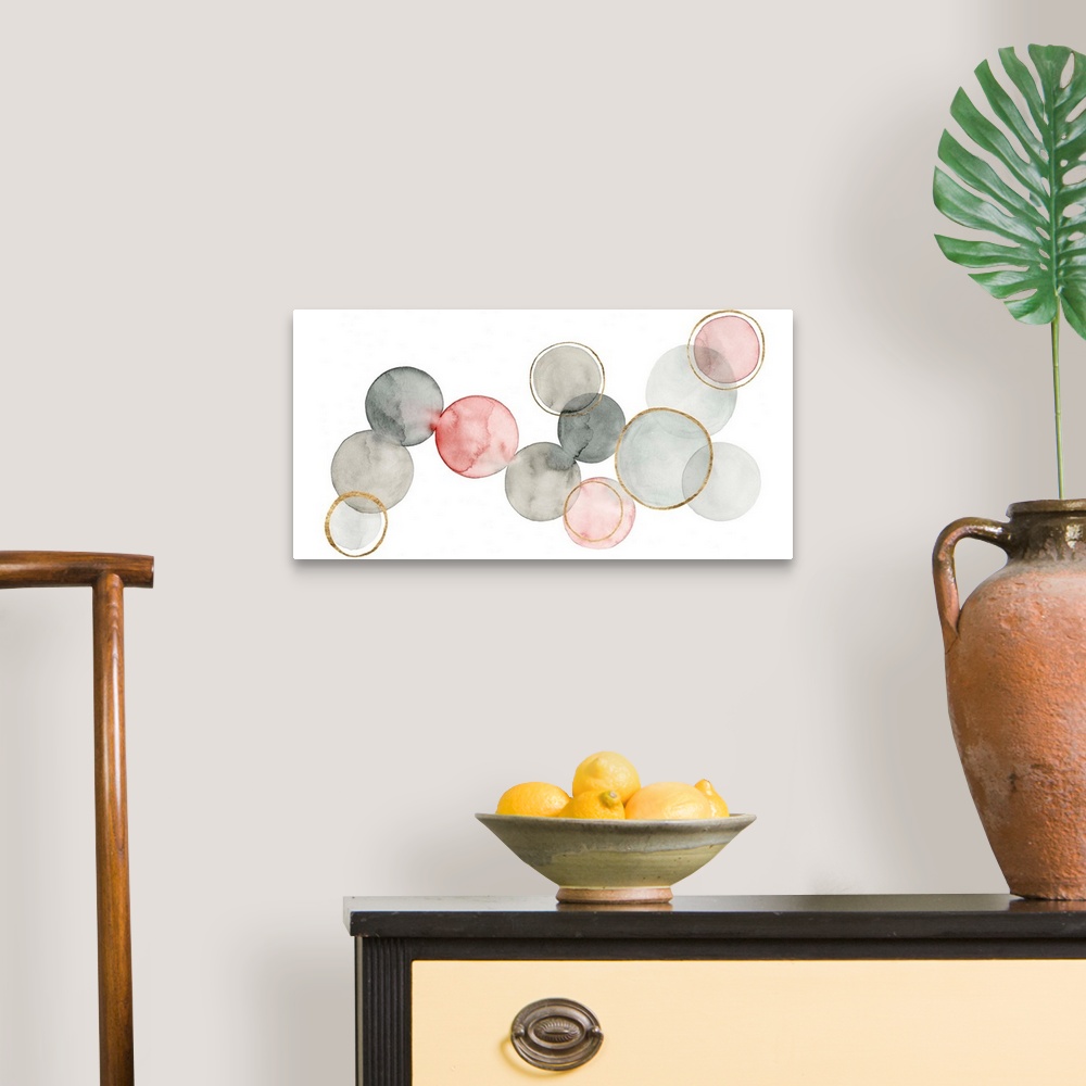 A traditional room featuring Contemporary abstract painting with watercolored circles connecting together in shades of gray an...