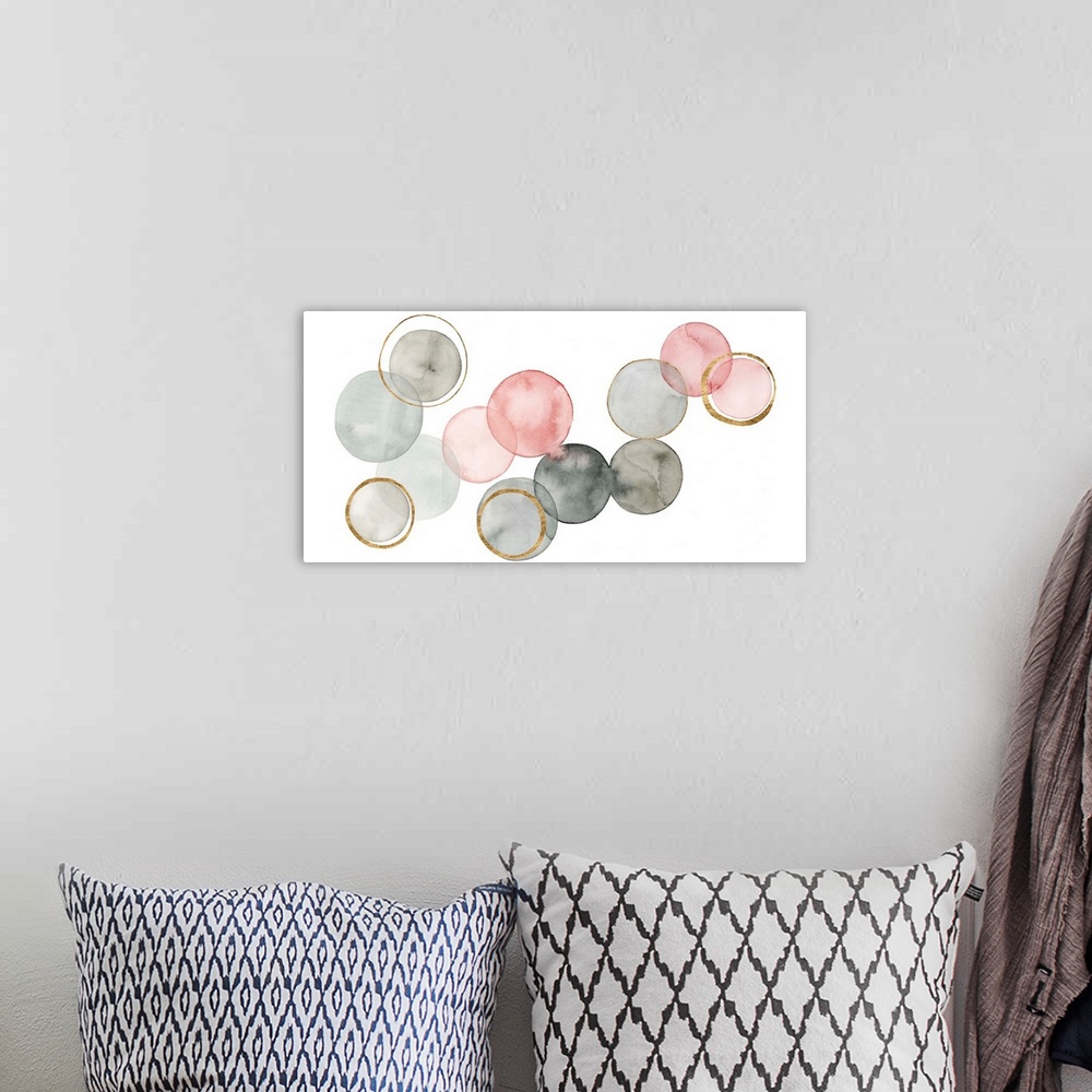 A bohemian room featuring Contemporary abstract painting with watercolored circles connecting together in shades of gray an...