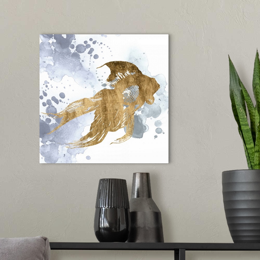 A modern room featuring A gilded fish against a white background with splashes of blue gray paint.