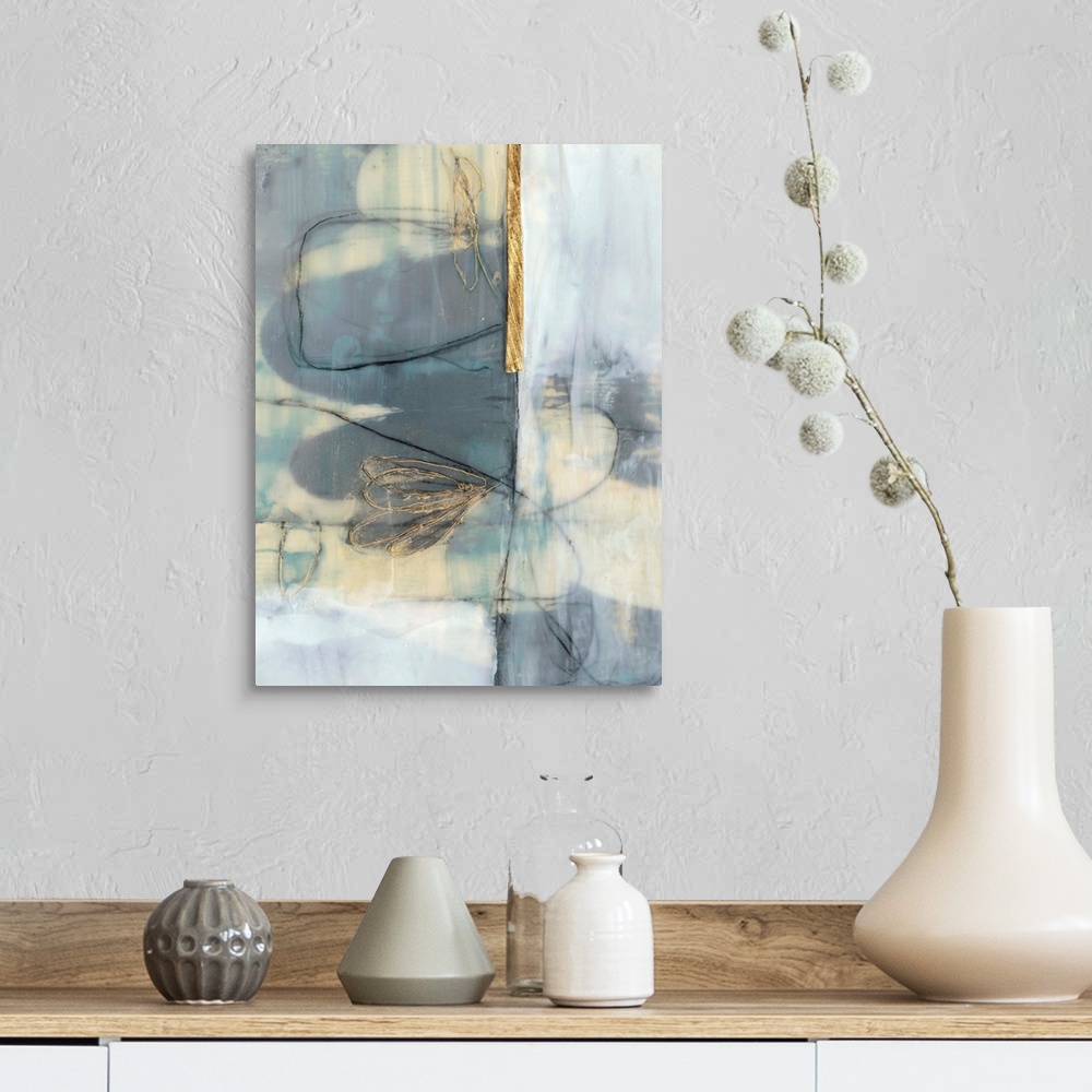 A farmhouse room featuring Whimsical contemporary abstract collage in grey-blue and gold.