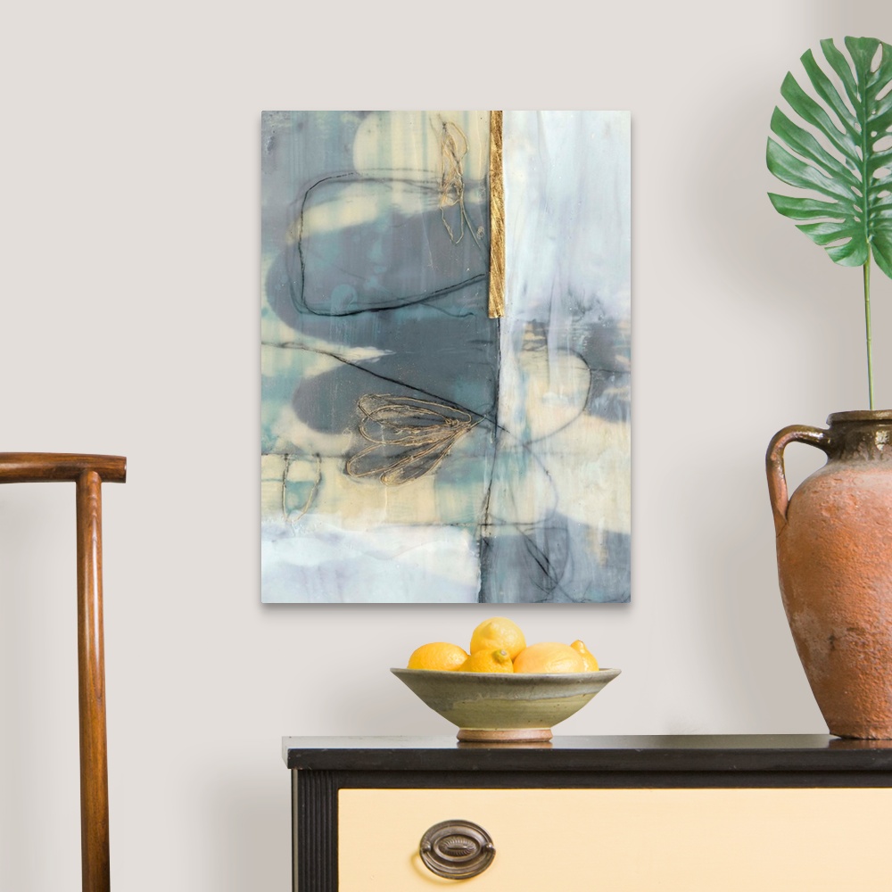 A traditional room featuring Whimsical contemporary abstract collage in grey-blue and gold.
