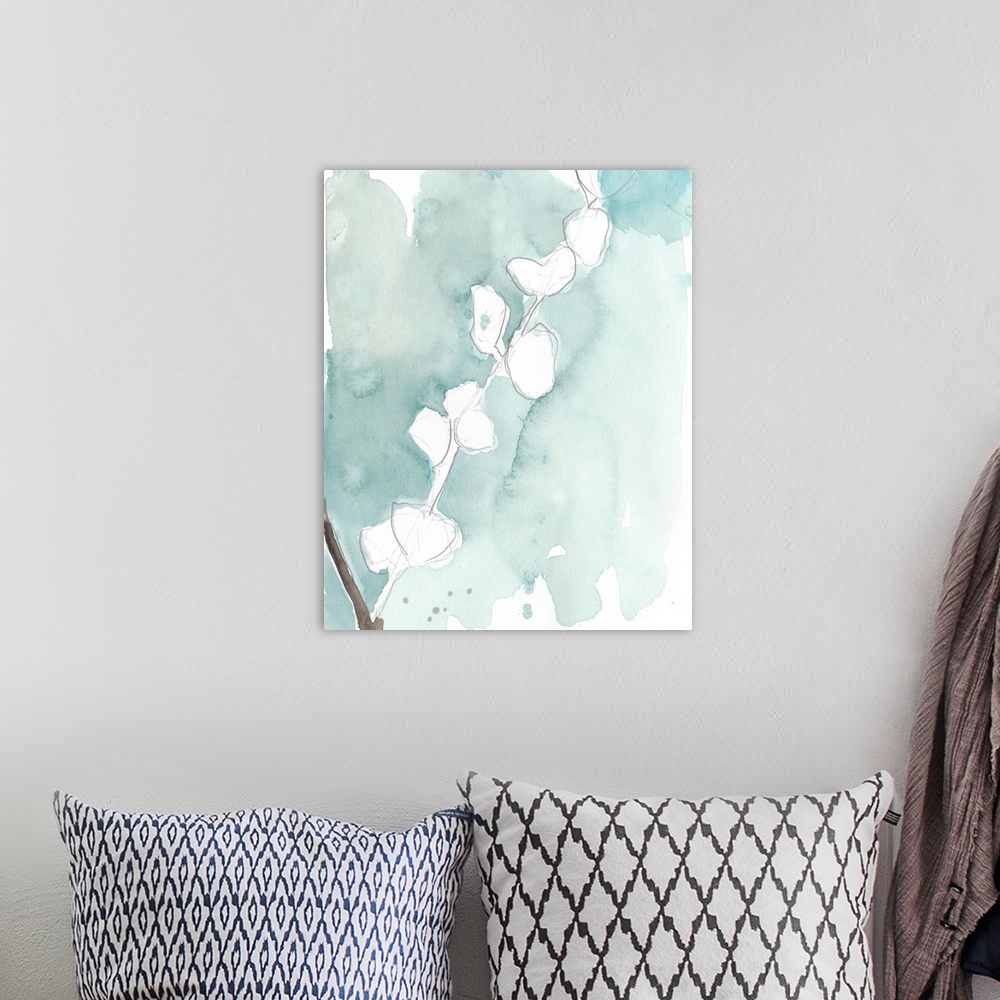 A bohemian room featuring Pencil sketch of Ginkgo leaves with a light blue watercolored background.