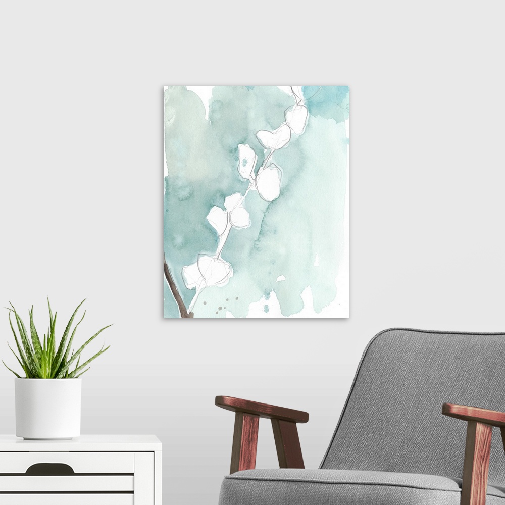 A modern room featuring Pencil sketch of Ginkgo leaves with a light blue watercolored background.