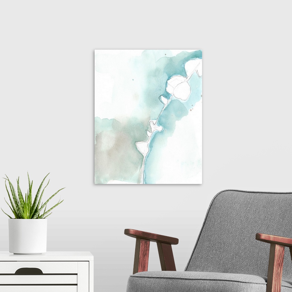 A modern room featuring Pencil sketch of Ginkgo leaves with a light blue watercolored background.