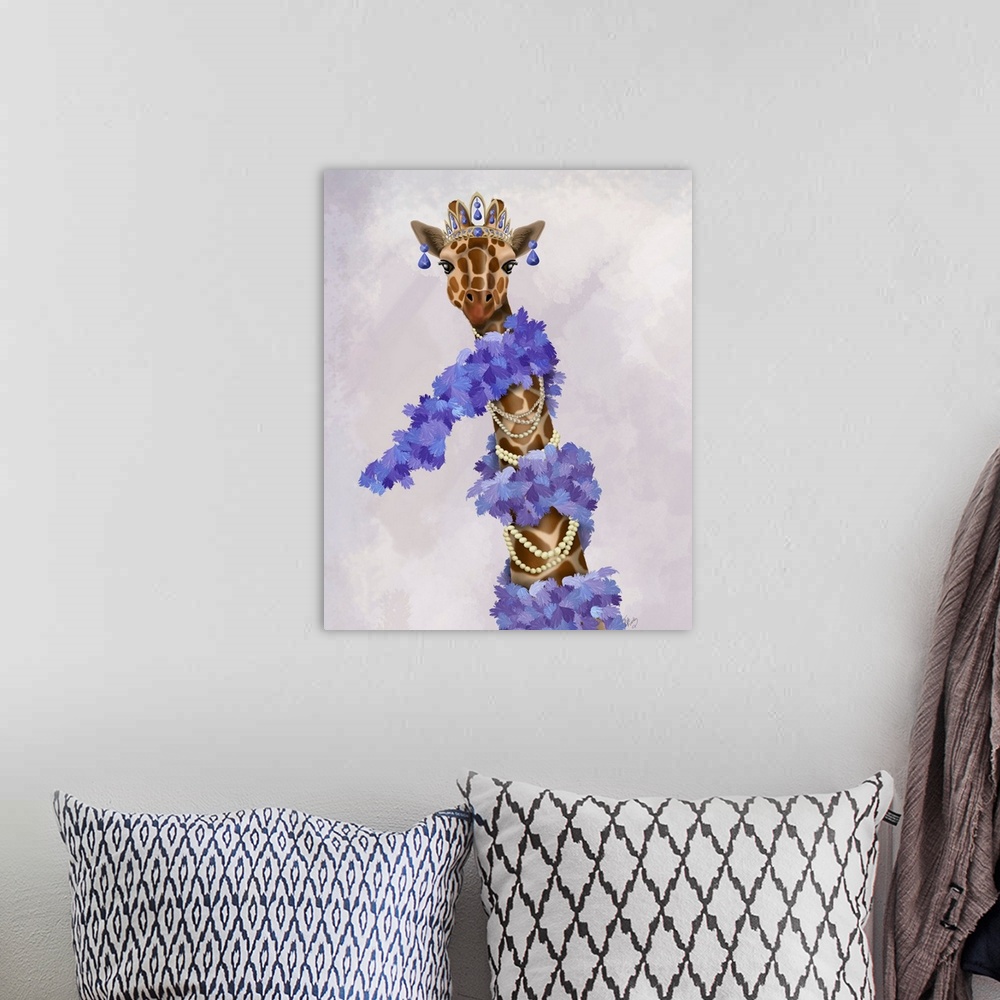 A bohemian room featuring Giraffe with Purple Boa