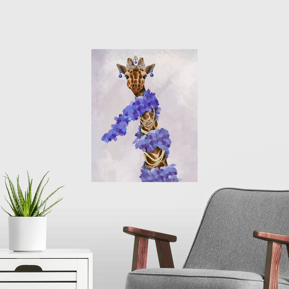 A modern room featuring Giraffe with Purple Boa
