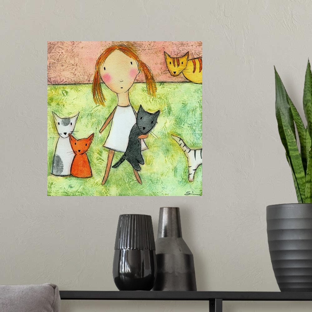 A modern room featuring Girl with Cats