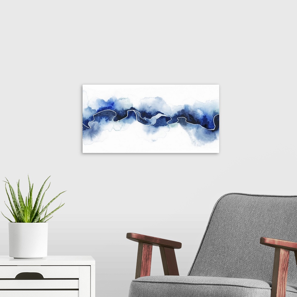 A modern room featuring This contemporary artwork uses shades of blue and an irregular line to illustrate the tension and...