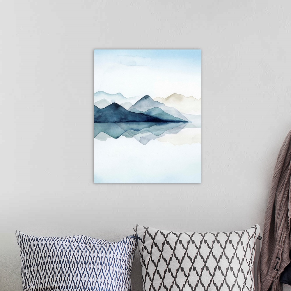 A bohemian room featuring Watercolor painting of misty mountains reflected in glacial waters.