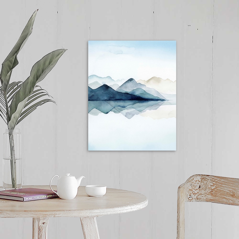 A farmhouse room featuring Watercolor painting of misty mountains reflected in glacial waters.