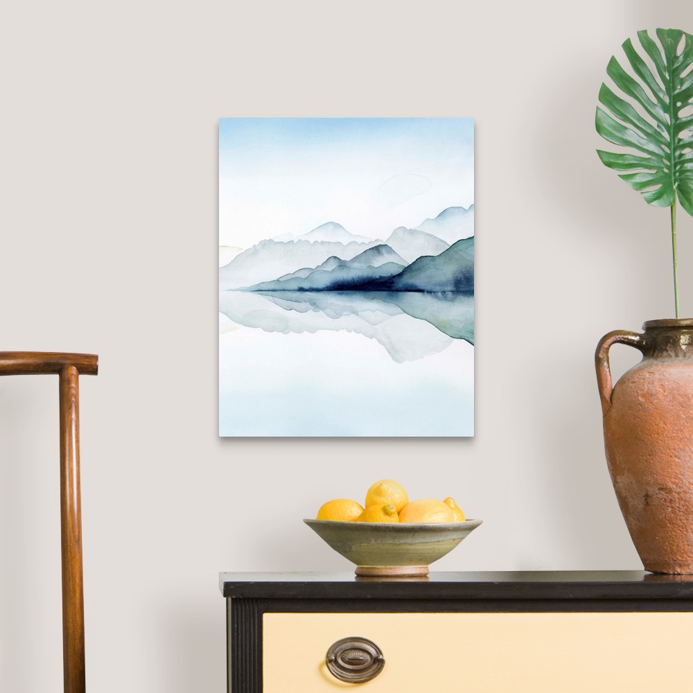 A traditional room featuring Watercolor painting of misty mountains reflected in glacial waters.