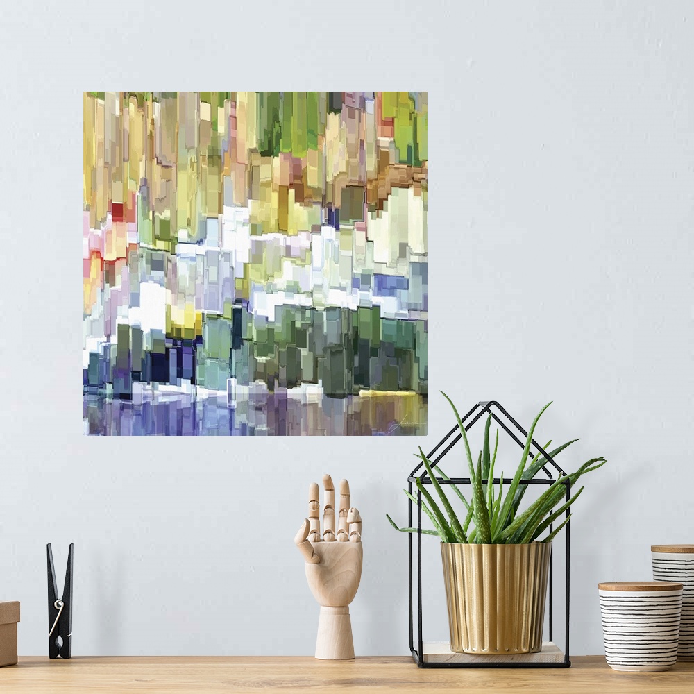 A bohemian room featuring Contemporary painting of muted layers of geometric shapes.