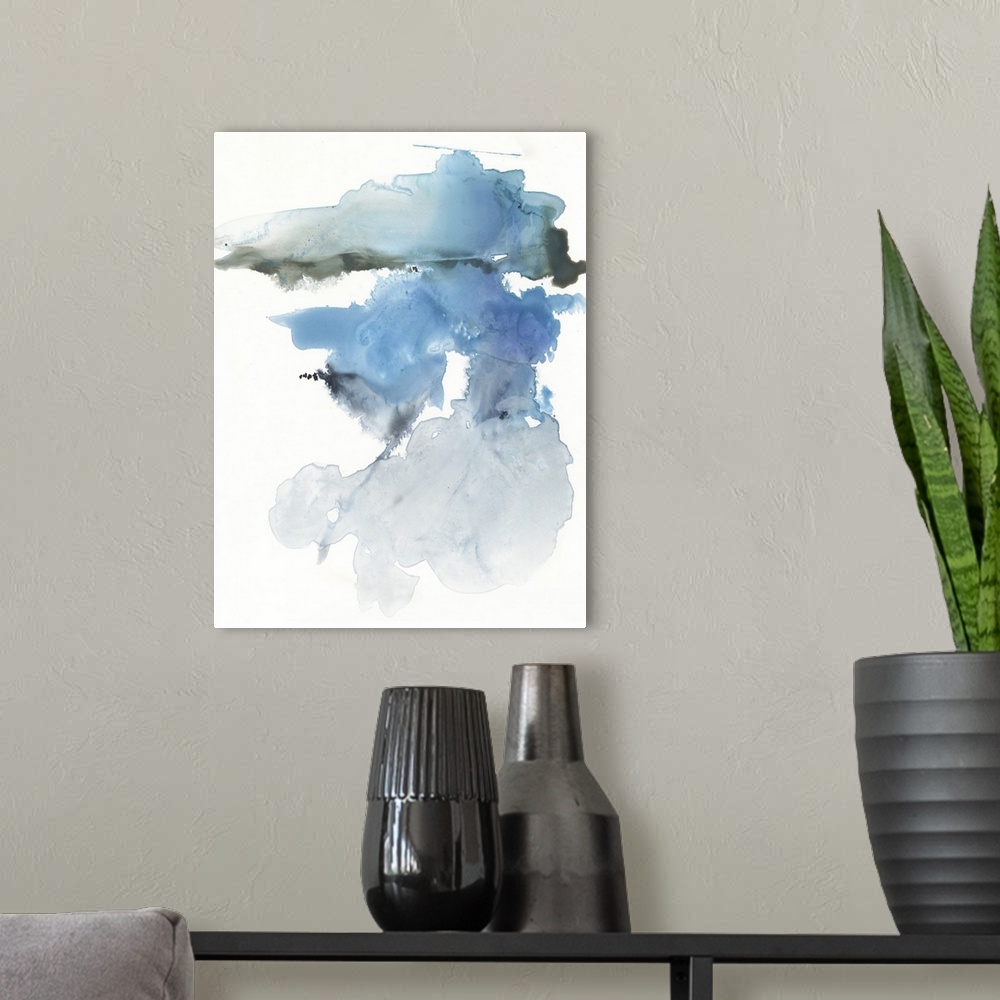 A modern room featuring A vertical abstract painting in blurred, blended colors of blur and gray on a white background.
