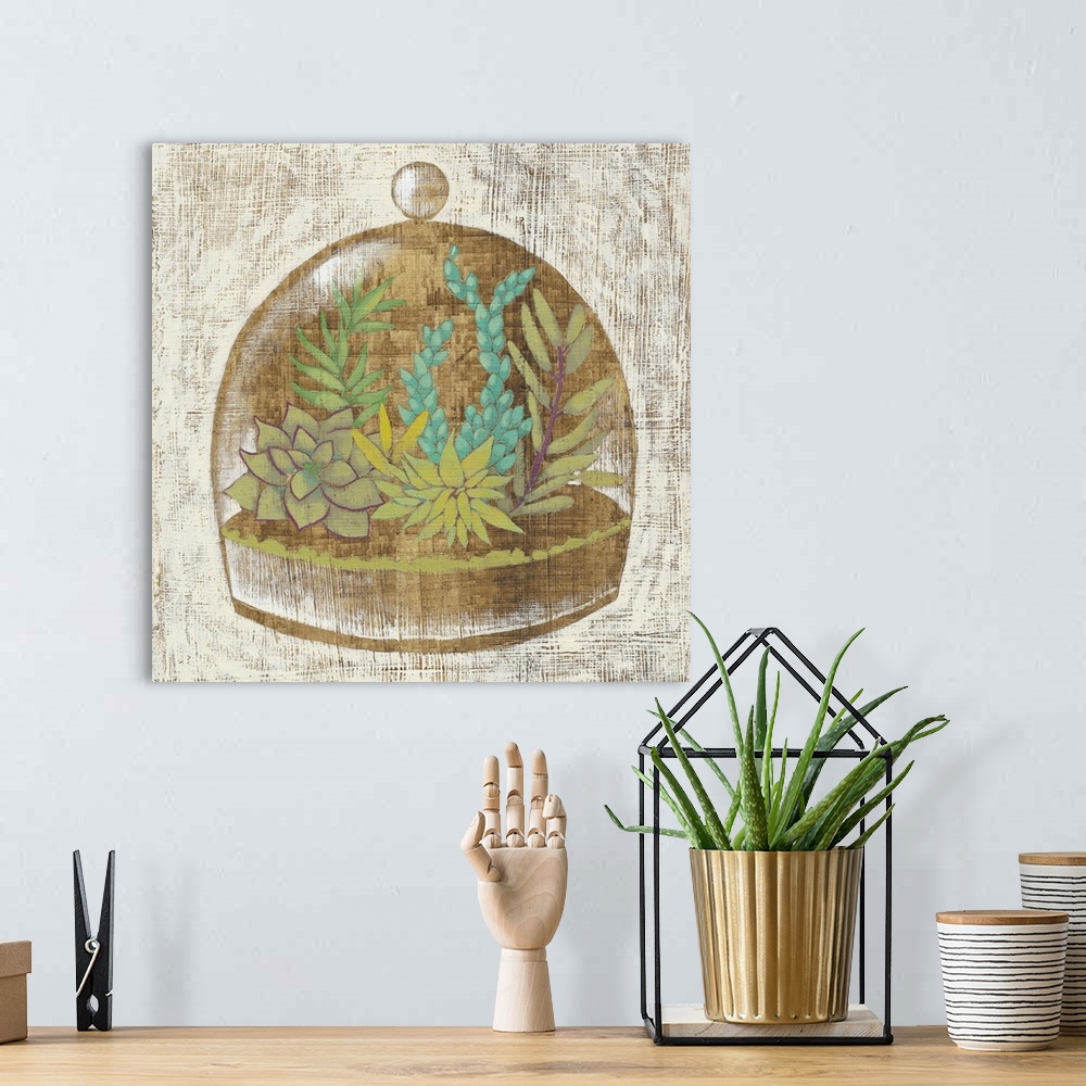 A bohemian room featuring Square decor with a painted illustration of succulents inside a glass container.