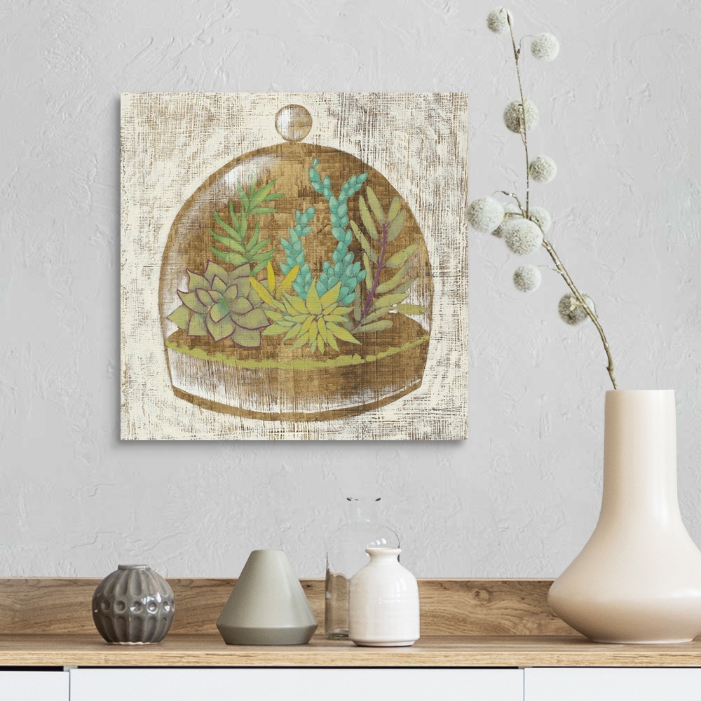 A farmhouse room featuring Square decor with a painted illustration of succulents inside a glass container.