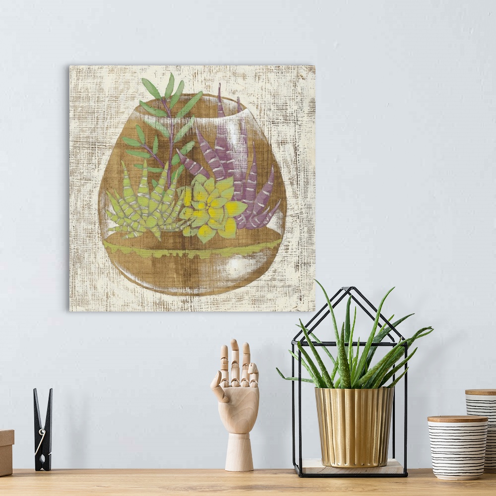 A bohemian room featuring Square decor with a painted illustration of succulents inside a glass container.