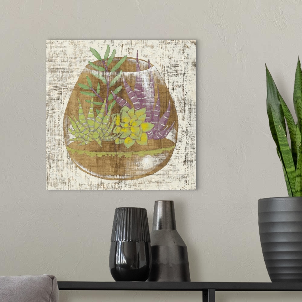 A modern room featuring Square decor with a painted illustration of succulents inside a glass container.