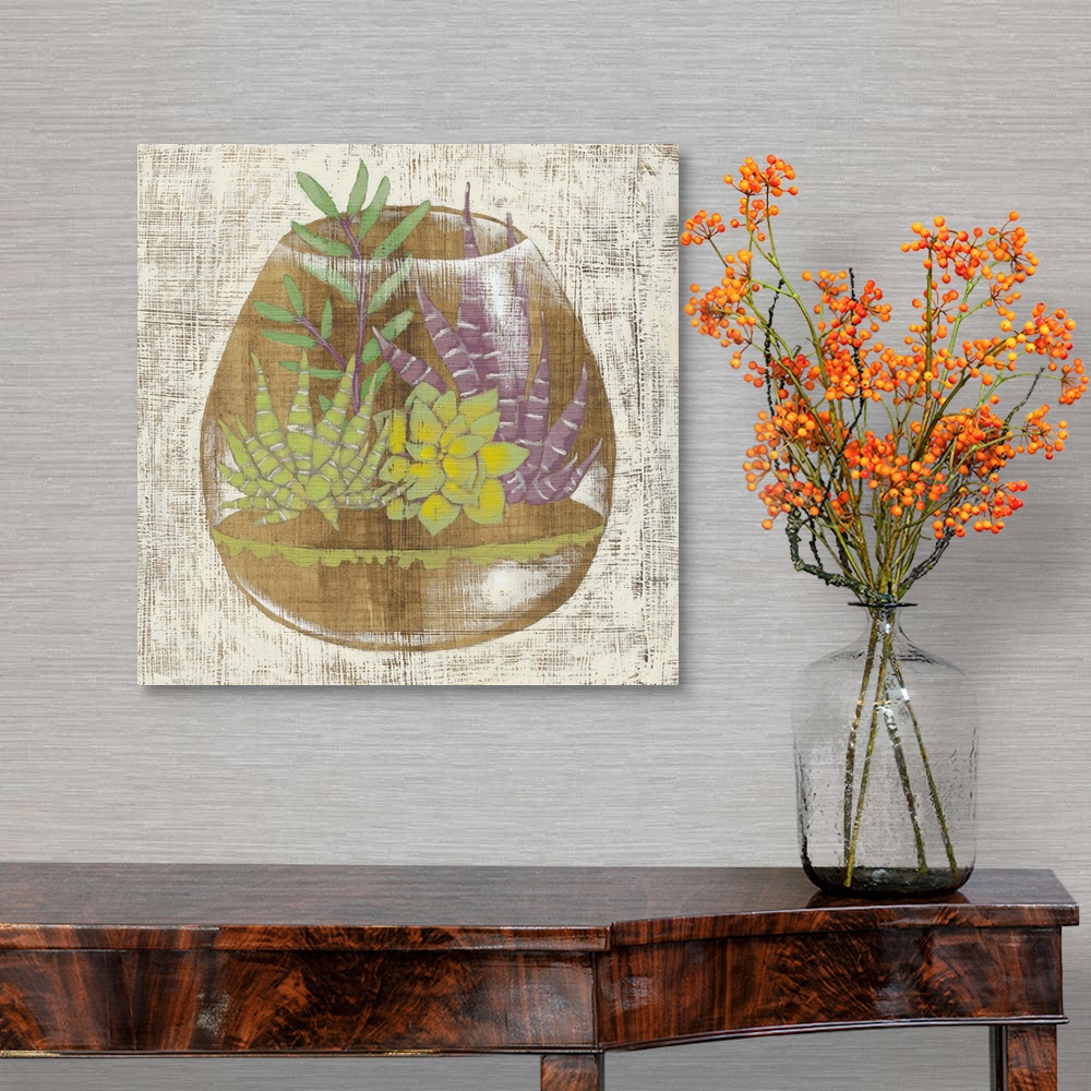 A traditional room featuring Square decor with a painted illustration of succulents inside a glass container.