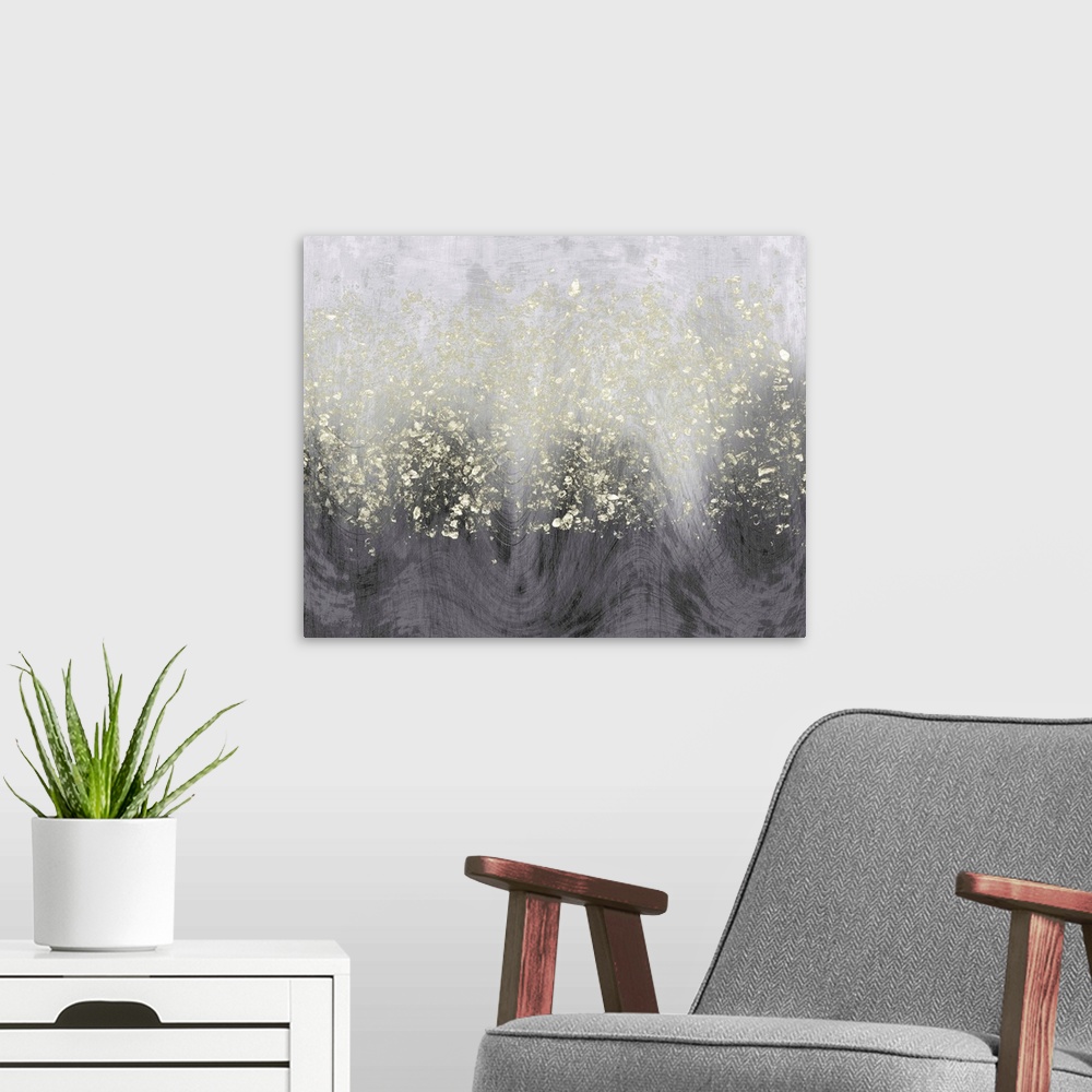 A modern room featuring Abstract painting of horizontal wavy brush strokes of gray,with dark shades on the bottom, and ov...