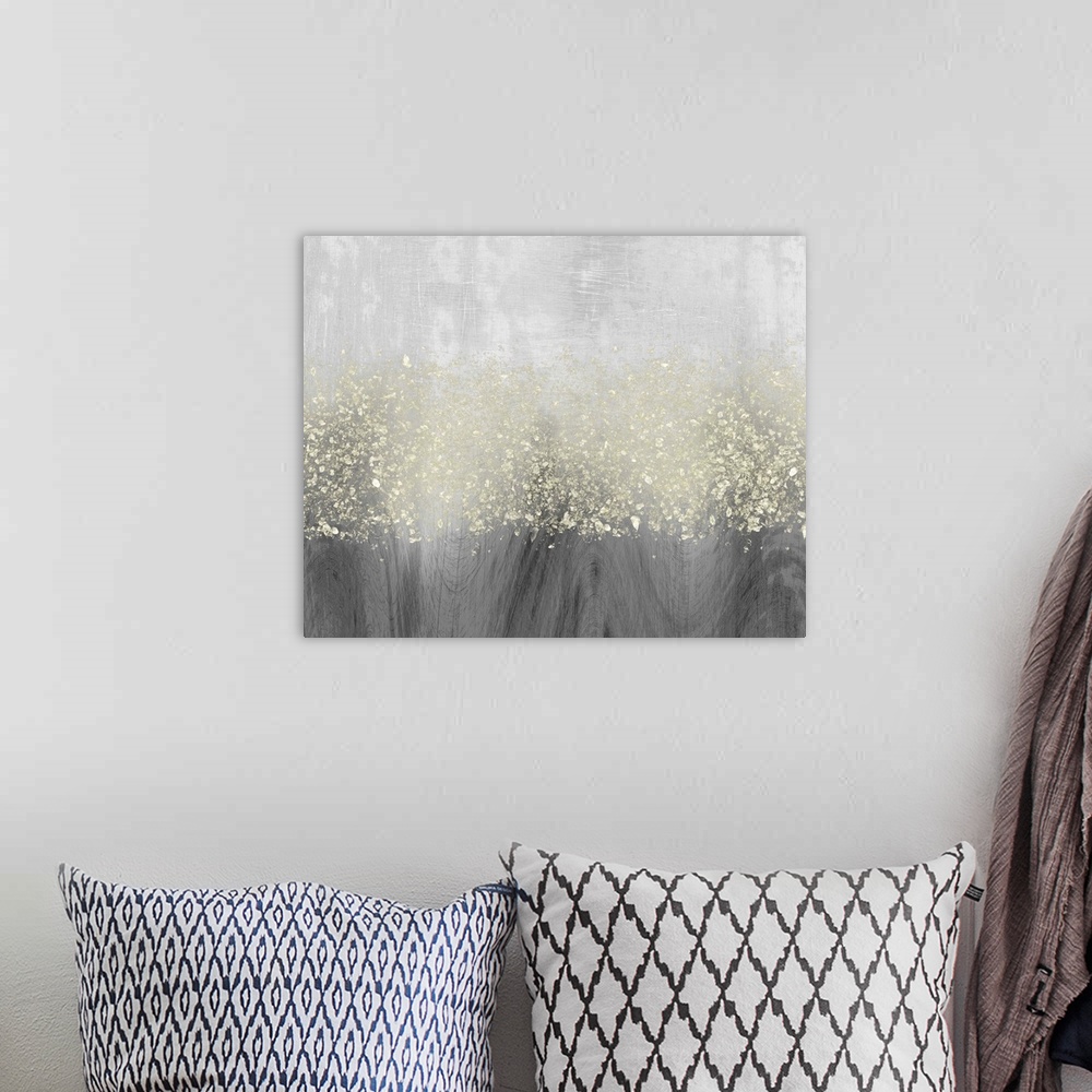 A bohemian room featuring Abstract painting of horizontal wavy brush strokes of gray,with dark shades on the bottom, and ov...