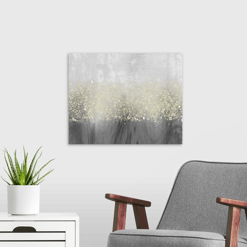 A modern room featuring Abstract painting of horizontal wavy brush strokes of gray,with dark shades on the bottom, and ov...