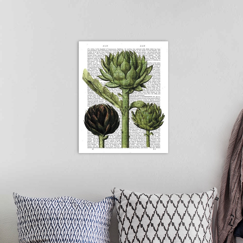 A bohemian room featuring Botanical illustration of artichokes painted over a vintage dictionary page.