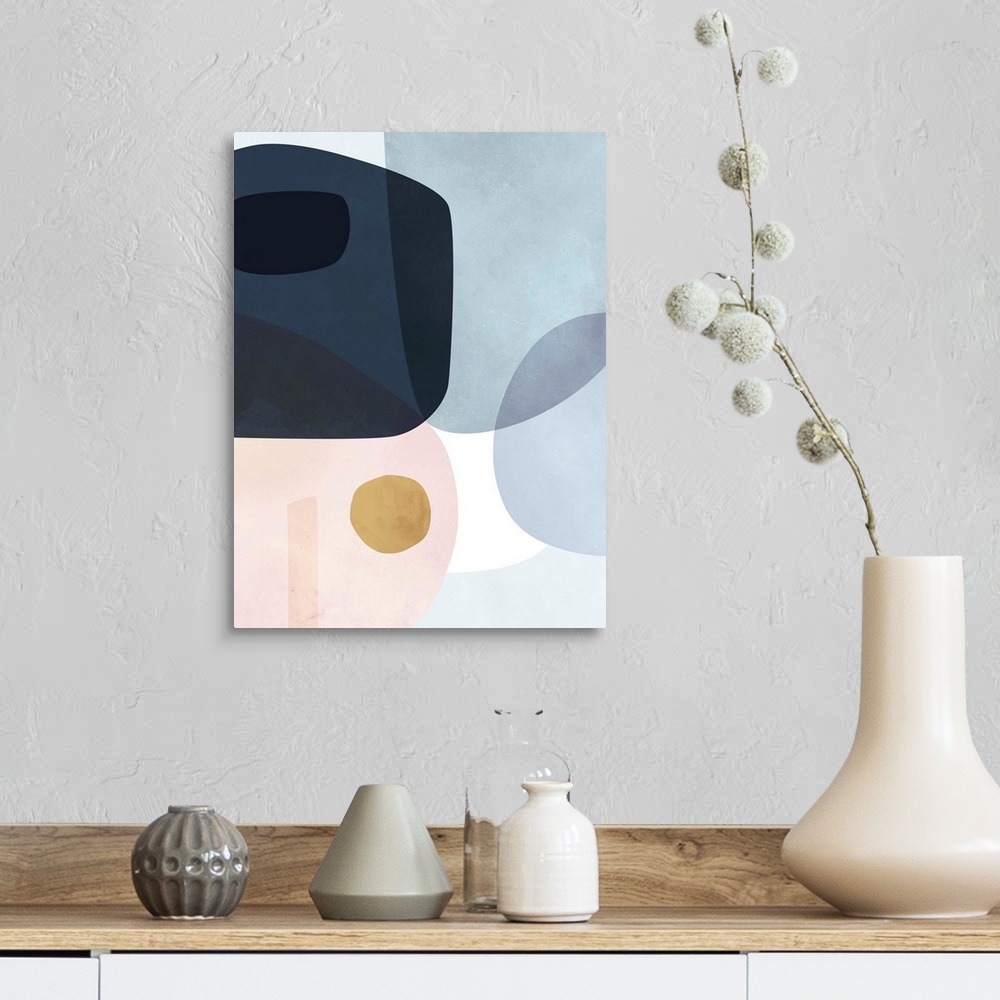 A farmhouse room featuring Contemporary abstract painting with large shapes in blue and pink.