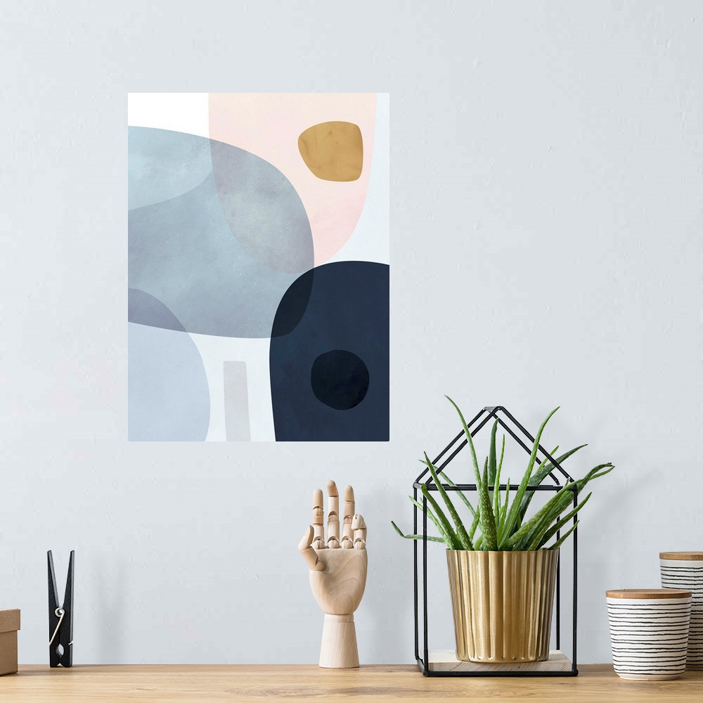 A bohemian room featuring Contemporary abstract painting with large shapes in blue and pink.