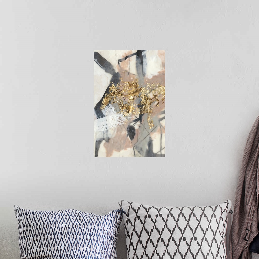 A bohemian room featuring Abstract of chaotic brush strokes of gray, black and beige in washed out shaded on a cream backgr...