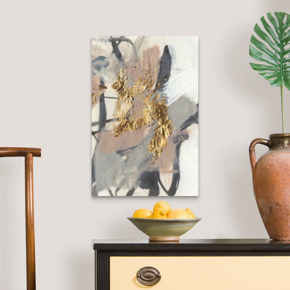 A traditional room featuring Abstract of chaotic brush strokes of gray, black and beige in washed out shaded on a cream backgr...