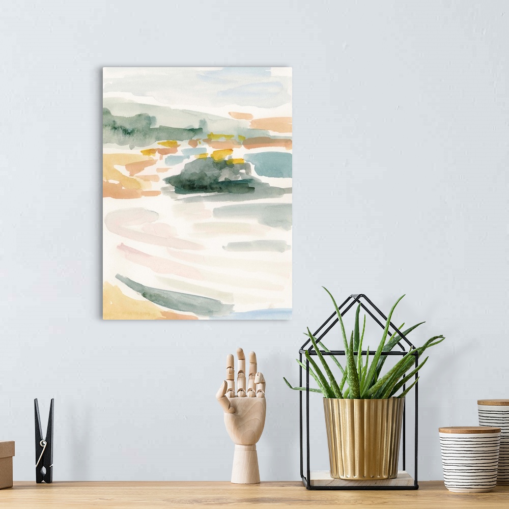 A bohemian room featuring Abstract landscape painting of a beach or coastal area in pastel colors.