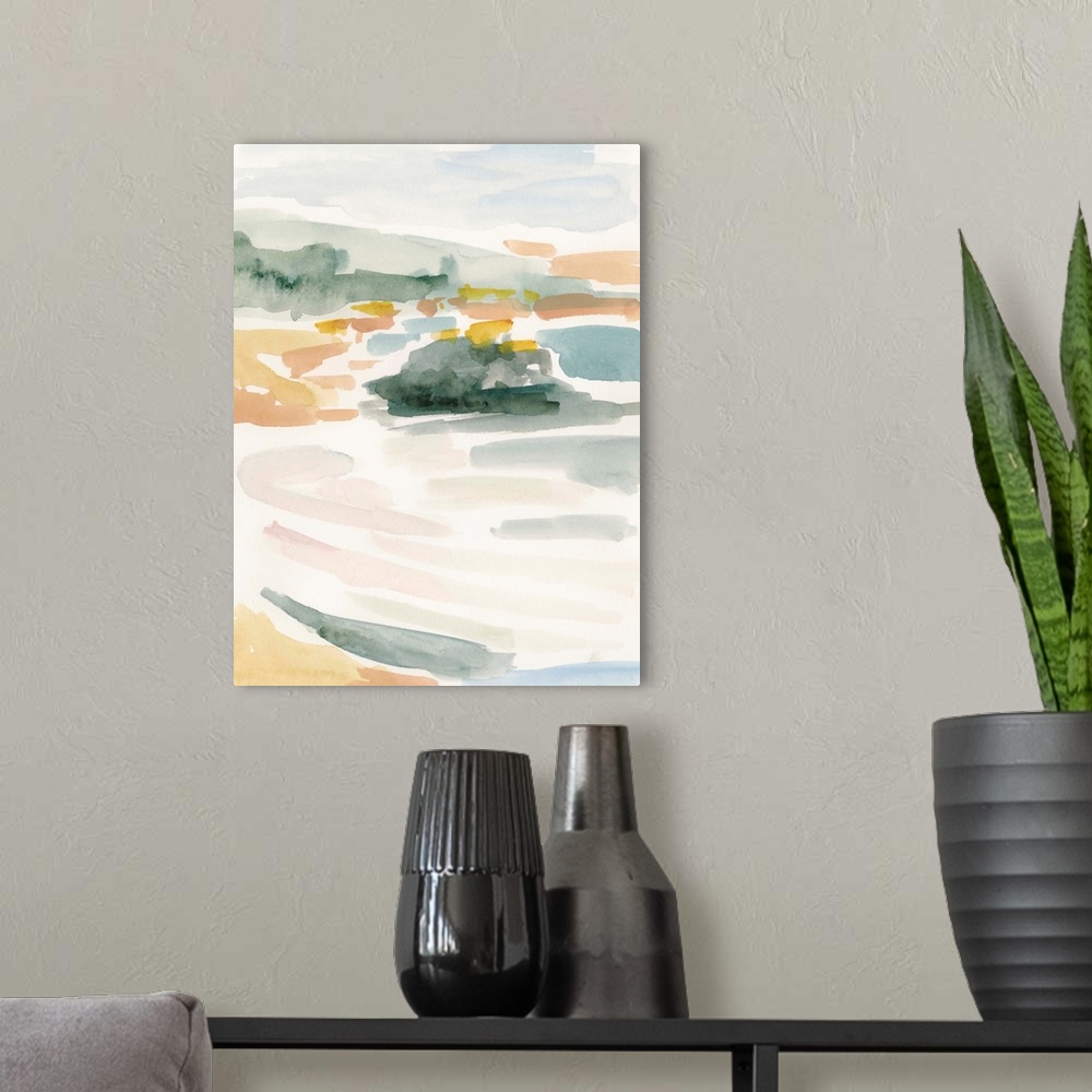 A modern room featuring Abstract landscape painting of a beach or coastal area in pastel colors.