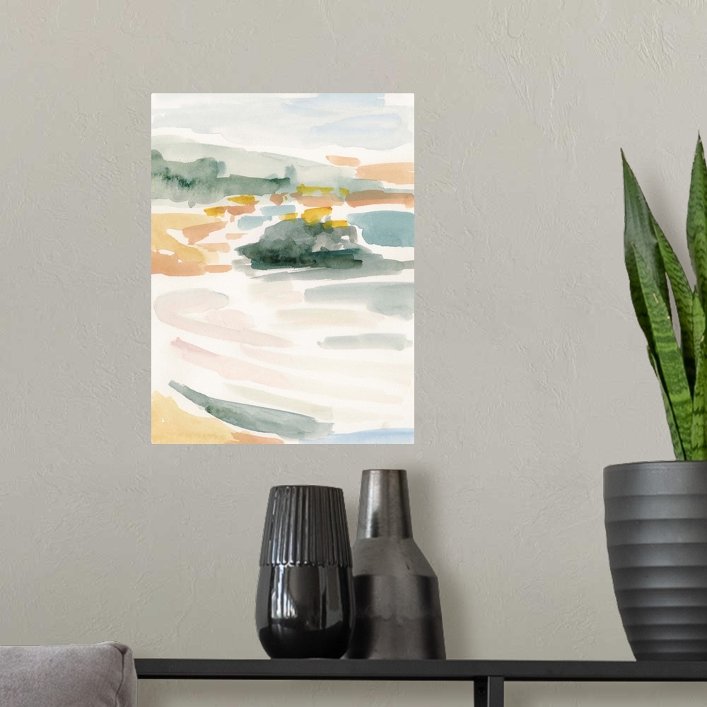 A modern room featuring Abstract landscape painting of a beach or coastal area in pastel colors.