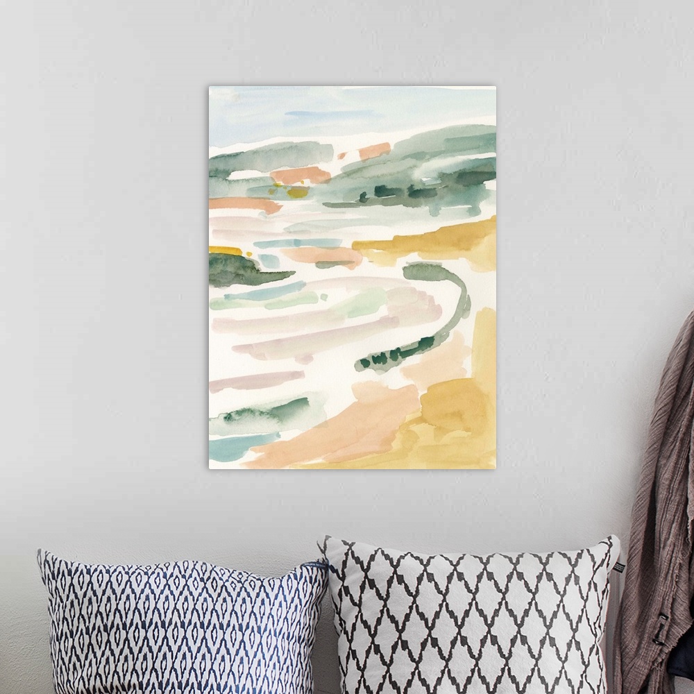 A bohemian room featuring Abstract landscape painting of a beach or coastal area in pastel colors.