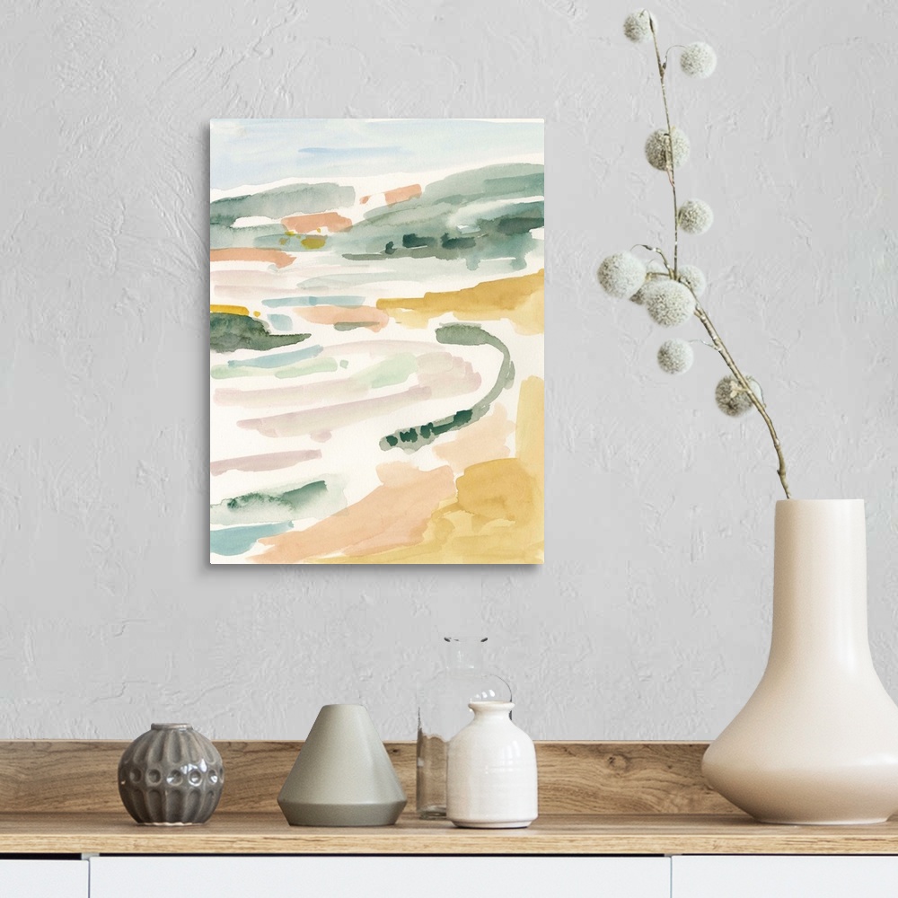 A farmhouse room featuring Abstract landscape painting of a beach or coastal area in pastel colors.