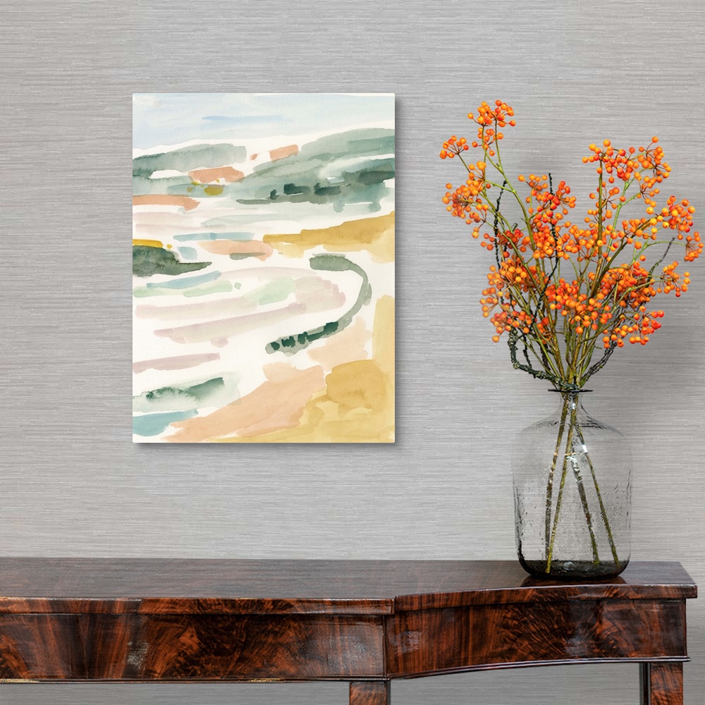 A traditional room featuring Abstract landscape painting of a beach or coastal area in pastel colors.