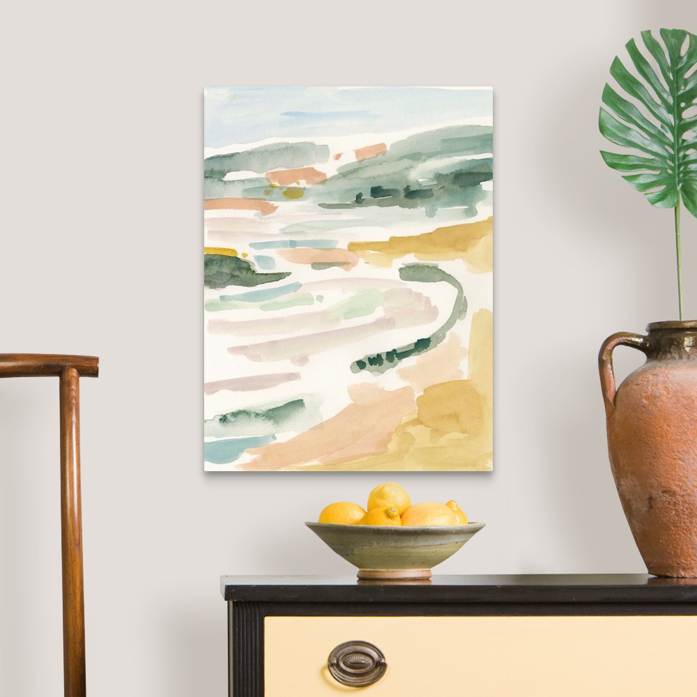 A traditional room featuring Abstract landscape painting of a beach or coastal area in pastel colors.